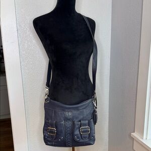 Tignanello Y2K purse Navy Blue Leather Crossbody Shoulder Bag travel commuter